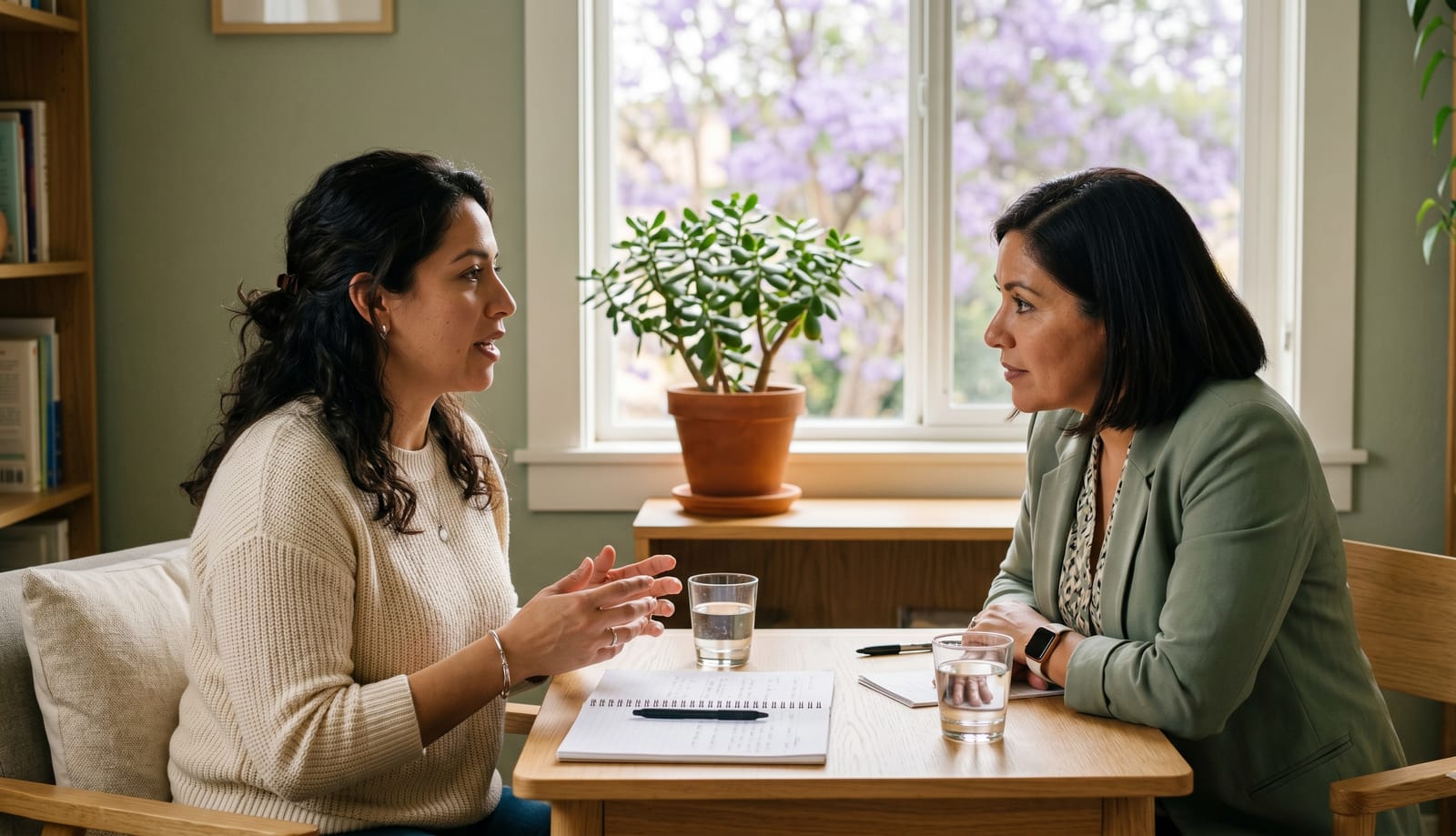 Mother and clinician talking across a table during an ADI-R parent interview for an autism evaluation