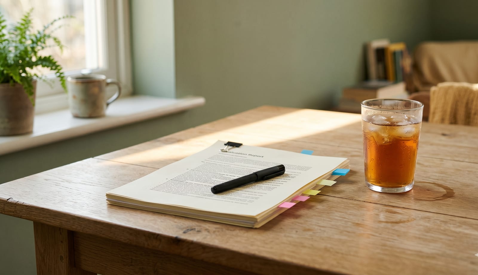 Psychological evaluation report tabbed with sticky notes on a desk, prepared for an IEP meeting