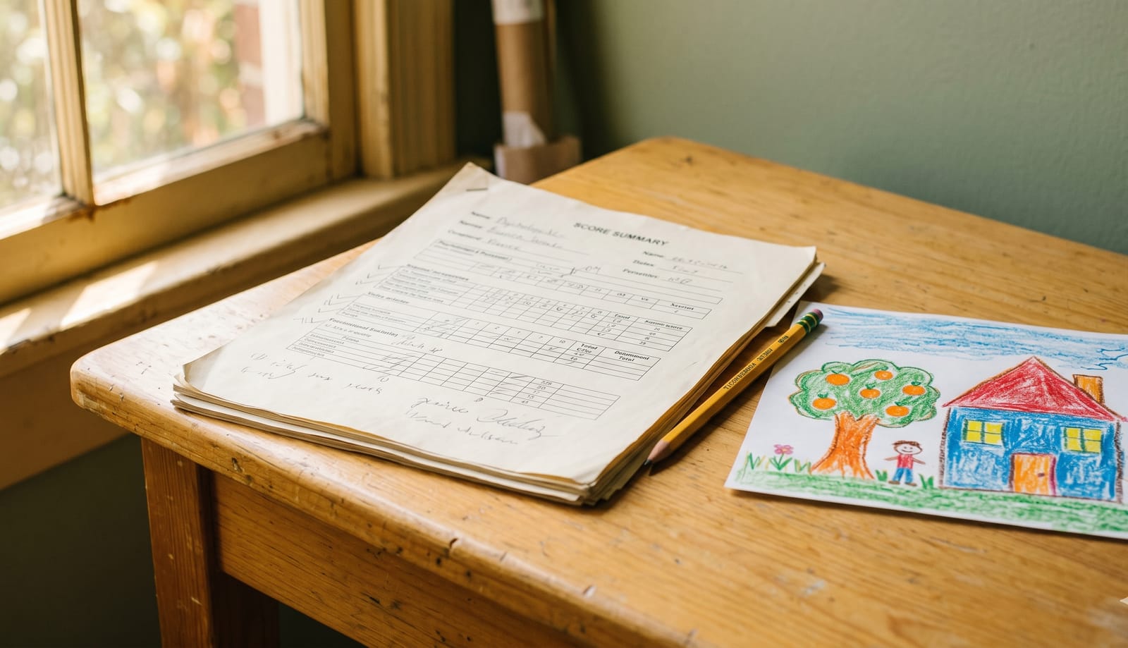 Child's IQ test score summary on a desk beside a pencil and a crayon drawing, showing one number isn't the whole story