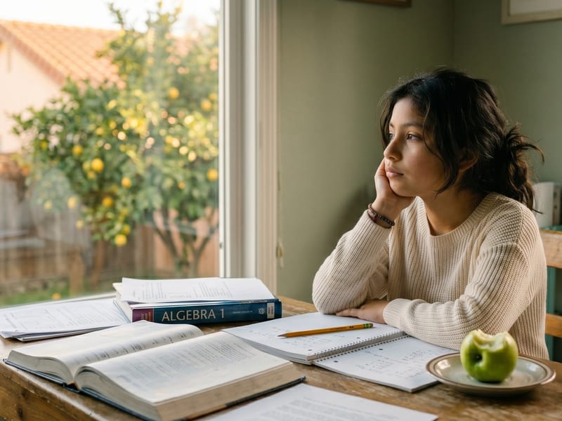 Distracted school-age girl resting her chin on her hand at a homework-covered desk, a sign of the inattentive ADHD often missed in girls