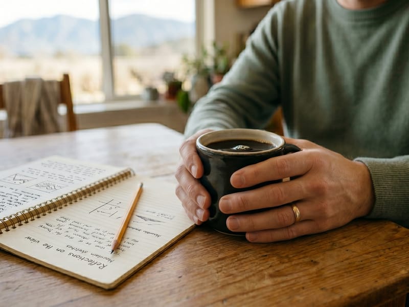 Adult cradling a coffee mug beside an open notebook at a sunny window, reflecting before an adult autism evaluation