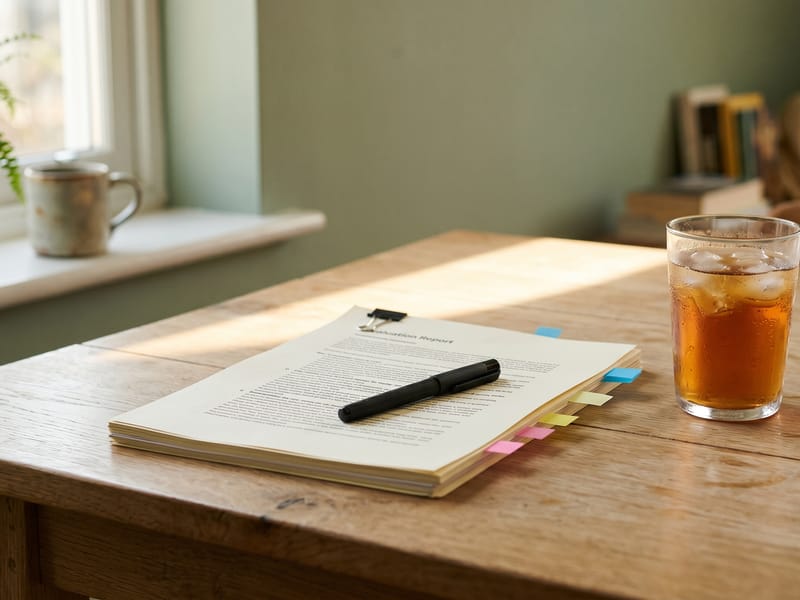 Psychological evaluation report tabbed with sticky notes on a desk, prepared for an IEP meeting