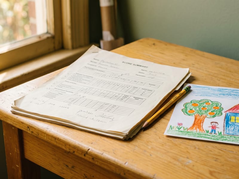 Child's IQ test score summary on a desk beside a pencil and a crayon drawing, showing one number isn't the whole story
