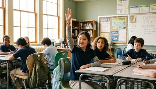 Confident child raising their hand and thriving in a bright, welcoming classroom