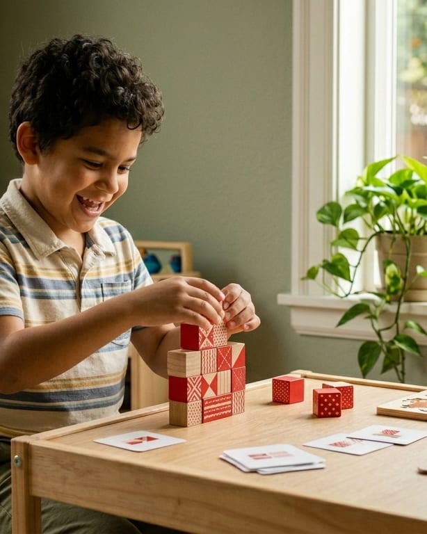A child carefully stacking colored blocks on a low table during an assessment session
