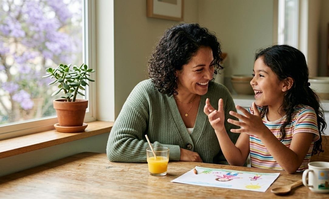 A child happily telling a story while their parent leans in and listens with a warm smile
